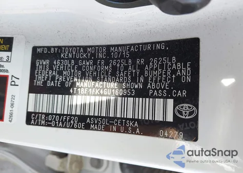 2016 Toyota Camry Se из США, поврежденный, VIN 4T1BF1FK4GU160953